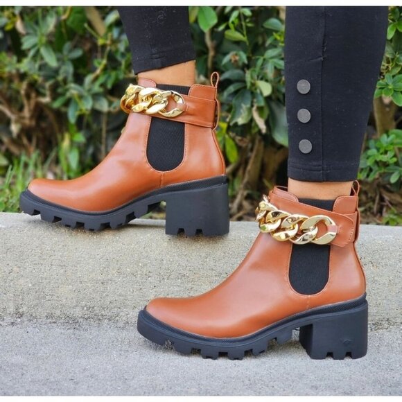Women's Tan Combat Ankle Boots Heeled Booties - Picture 1 of 6